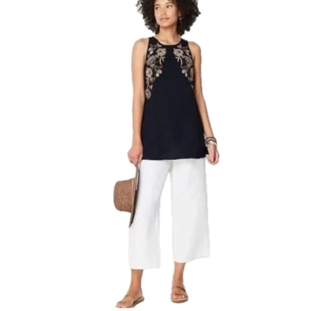 J. Jill Navy Crinkle Earthy Embroidered Floral Sleeveless Shell Blouse Top XS